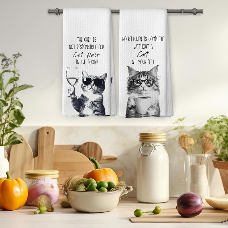 Mcehtle Funny Cat Kitchen Towels Set of 2, Cats Kitchen Accessories, Coffee Wine Station Decor, Chef Gift Hand Towel, No Kitchen is Complete Without a Cat at Your Feet Tea Towel 16x24 Inch - Image 4